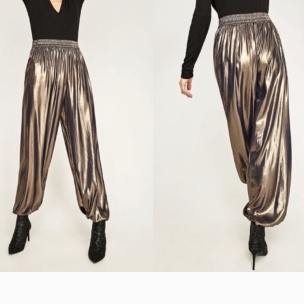 Zara Gold Metallic Lightweight Party Pants Size Small - Picture 2 of 6